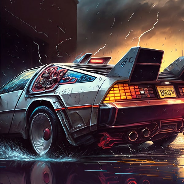 Delorean Scifi future time machine car art illustration Digital Download Print