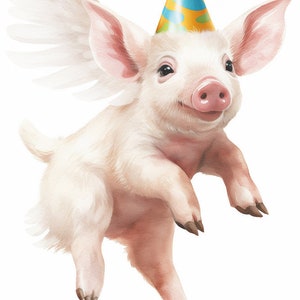 Schwein fliegen Geburtstag Partyhut Aquarell Malerei Ferkel Flügel Digital Download Print