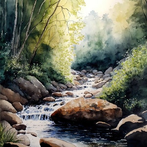 Pintura em aquarela de paisagem de riacho Creek 1 Impressão digital para download