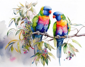 Rainbow Lorrikeets Australian Birds Watercolor Painting 1 Digital Download Print