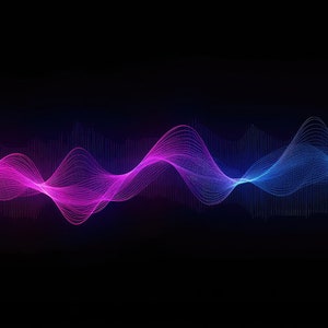 Può includere: Arte digitale astratta con un motivo a onde in tonalità rosa, blu e viola su uno sfondo nero.