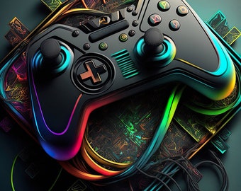 Könnte beinhalten: Ein schwarzer und grauer Videospiel-Controller mit farbenfrohen Neon-Akzenten. Der Controller verfügt über Tasten, Joysticks und ein Steuerkreuz. Das Design beinhaltet ein Kreuzsymbol und befindet sich vor einem dunklen Hintergrund mit Leiterplattenmustern.