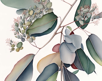Pintura de acuarela de flor de eucalipto, árbol nativo australiano, 1 descarga digital.