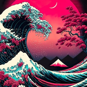 Cyberpunk Synthwave Vaporwave Great Wave Beach Sunset Cherry Blossom in pink and blue Digital Download Print