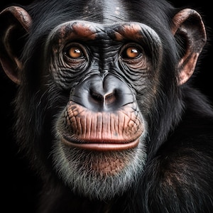 Peut inclure: Portrait rapproché d'un chimpanzé avec une fourrure sombre et un visage brun clair. Le chimpanzé a les yeux bruns et un léger sourire.