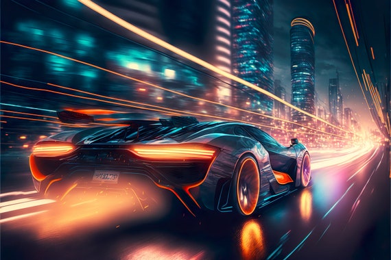 A 4K ultra HD wallpaper of a futuristic car with a group of friends,  driving through