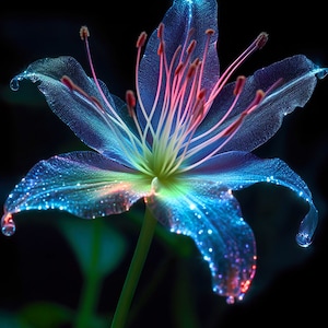 May include: A single blue flower with pink and white accents, illuminated with a glowing effect, against a black background.