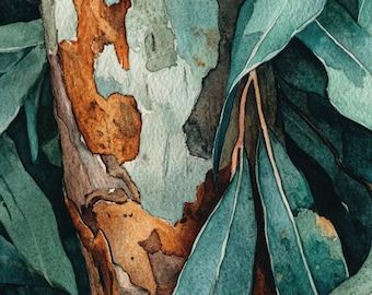 May include: A close-up of a tree trunk with peeling bark, showing a mix of brown, green, and white colors. The bark is textured and rough, and the tree is surrounded by green leaves.