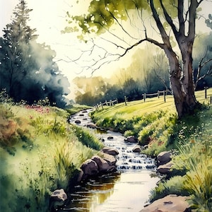 Pintura em aquarela de paisagem de riacho Creek 4 Impressão digital para download