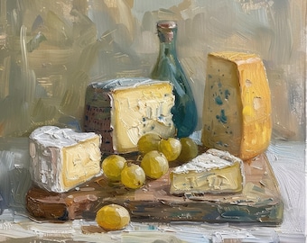 Plateau de fromages I, nature morte impressionniste, peinture à l'huile de fromages français, téléchargement numérique, impression