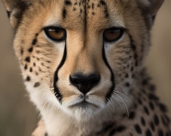 Op de afbeelding: Close-up portret van een cheetah met een serieuze uitdrukking. De cheetah heeft een tan en zwart gevlekte vacht en doordringende gele ogen.