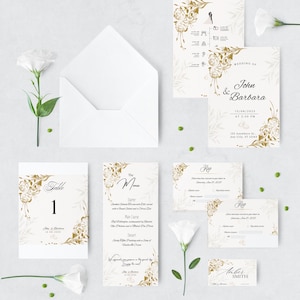 Peut inclure: Suite d'invitation de mariage avec des accents floraux dorés. L'invitation présente les noms "John & Barbara" et la date "18/04/2023". La carte RSVP comprend le texte "RSVP" et la carte de menu présente le texte "The Menu".