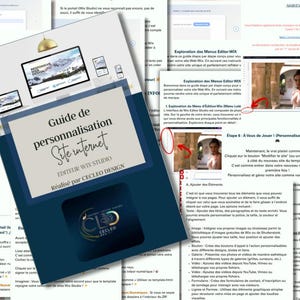 Może przedstawiać: Niebieski i biały przewodnik z tytułem "Guide de personnalisation Site internet" i tekstem "EDITEUR WIX STUDIO Realise par CECLEO DESIGN". Przewodnik dotyczy personalizacji strony internetowej przy użyciu Wix Studio.