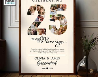 Collage photo élégant pour le 25e anniversaire de mariage - Modèle Canva modifiable | Affiche décorative pour la célébration du mariage