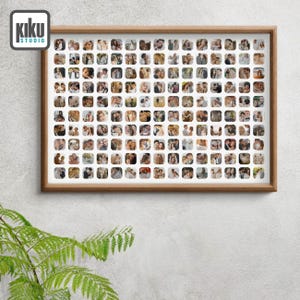 May include: A framed photo collage featuring numerous small square images, each depicting a couple. The frame is a warm brown color, and the images within are in various shades of color. The top left corner has the logo "kiku STUDIO" in a white square.