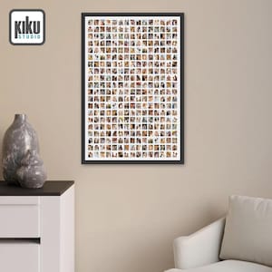 May include: A black-framed print displaying a grid of small photographs. The images depict diverse people and scenes. The print hangs on a beige wall. The Kiku Studio logo is in the top left corner. The print is a decorative item.