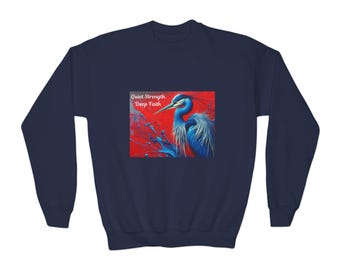 Sudadera juvenil con ilustración de garza azul / Fuerza tranquila y fe profunda
