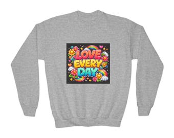 Sudadera juvenil "Ama cada día" / Diseño de flores arcoíris y paz