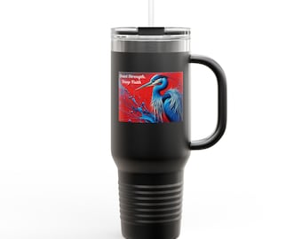 ブルーヘロンのイラスト入り断熱トラベルマグ | 40オンス こぼれにくいタンブラー