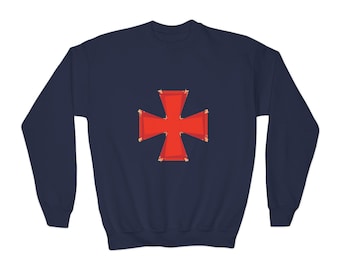 Sudadera roja con cruz de Malta / Sudadera infantil de cuello redondo para jóvenes, símbolo cristiano.