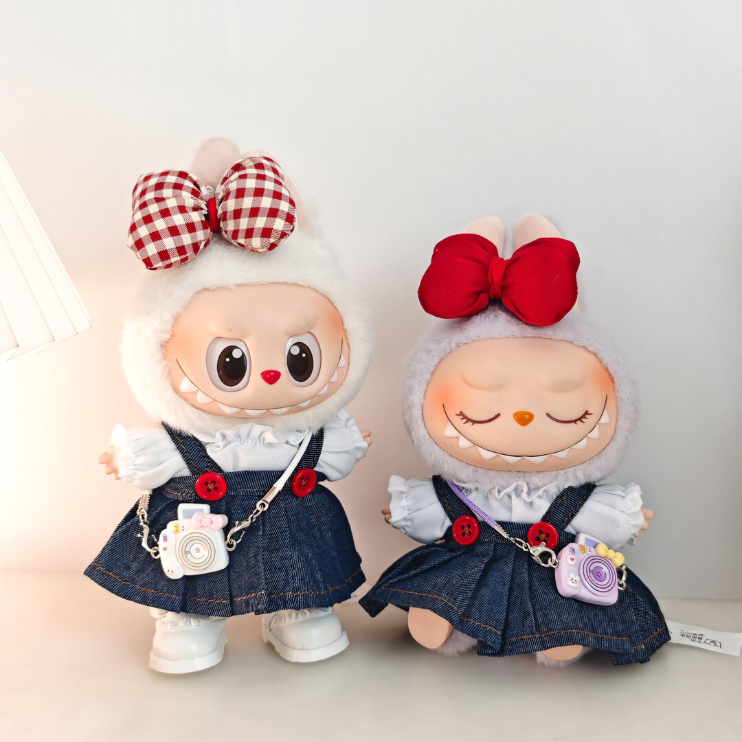 Labubu Mini Camera Labubu Doll Clothes Denim Skirt Outfit With Oversized Bow and Mini ...