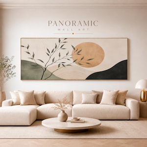 Boho Wall Art Sun and Leaves Minimalist Abstract Landscape Prints Large Horizontal Panoramic Poster Digital Download 12000x6000 px