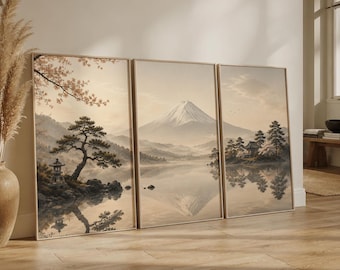 May include: A triptych wall art set featuring a serene landscape with Mount Fuji, a calm lake, pine trees, and a stone lantern. The artwork uses a soft, muted color palette of beige, cream, and brown tones, depicting a tranquil scene with reflections.