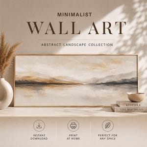 Könnte beinhalten: Ein gerahmter minimalistischer Wandkunstdruck mit einem abstrakten Landschaftsdesign in neutralen Tönen. Das Kunstwerk zeigt eine ruhige Szene von Bergen und Wasser. Der Text "MINIMALIST WALL ART" und "ABSTRACT LANDSCAPE COLLECTION" wird oben angezeigt.