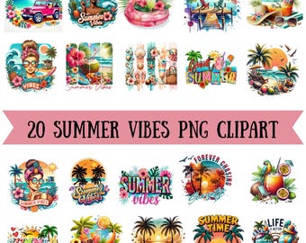 Summer Vibes PNG, Tropical Clipart PNG Bundle: Summer Beach Vibes DIY Graphics (Digital Download)