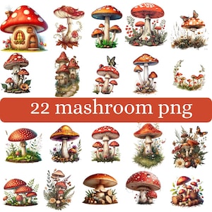 May include: A selection of 22 mushroom illustrations. The images showcase mushrooms with red caps and white spots, alongside detailed stems and foliage. The text "22 mashroom png" is displayed on a red banner.