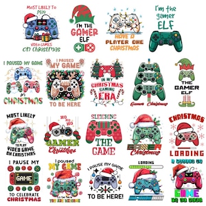 May include: A collection of twenty digital illustrations featuring video game controllers decorated with Christmas themes, including Santa hats, holiday lights, candy canes, and festive text like 'Most Likely to Play' and 'I Paused My Game'.