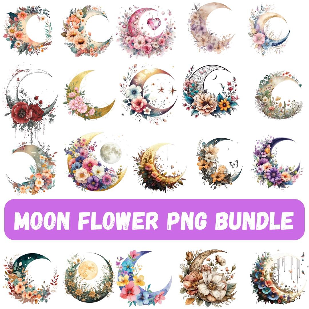Watercolor Floral Moon Clipart, Botanical Crescent PNG Bundle (digital ...
