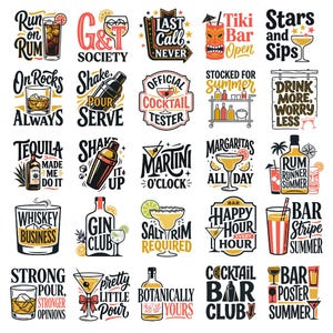 Può includere: Una collezione di venticinque design grafici con illustrazioni e tipografia a tema cocktail. Ogni quadrato contiene testo e immagini unici, tra cui shaker, vari bicchieri, bottiglie e guarnizioni di frutta in una vivace tavolozza di colori.