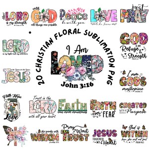 20 christliche Blumen-Sublimations-PNG-Designs, Bibelverse-PNG-Grafiken, florale Bibelvers-Cliparts, religiöse christliche Zitate, digitaler Download