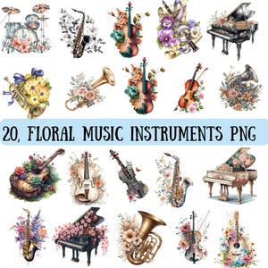 Peut inclure: Une collection de 20 instruments de musique à l'aquarelle, dont une batterie, un saxophone, un violon, un piano et une trompette, chacun orné de compositions florales. Le texte "20, FLORAL MUSIC INSTRUMENTS PNG" est affiché.