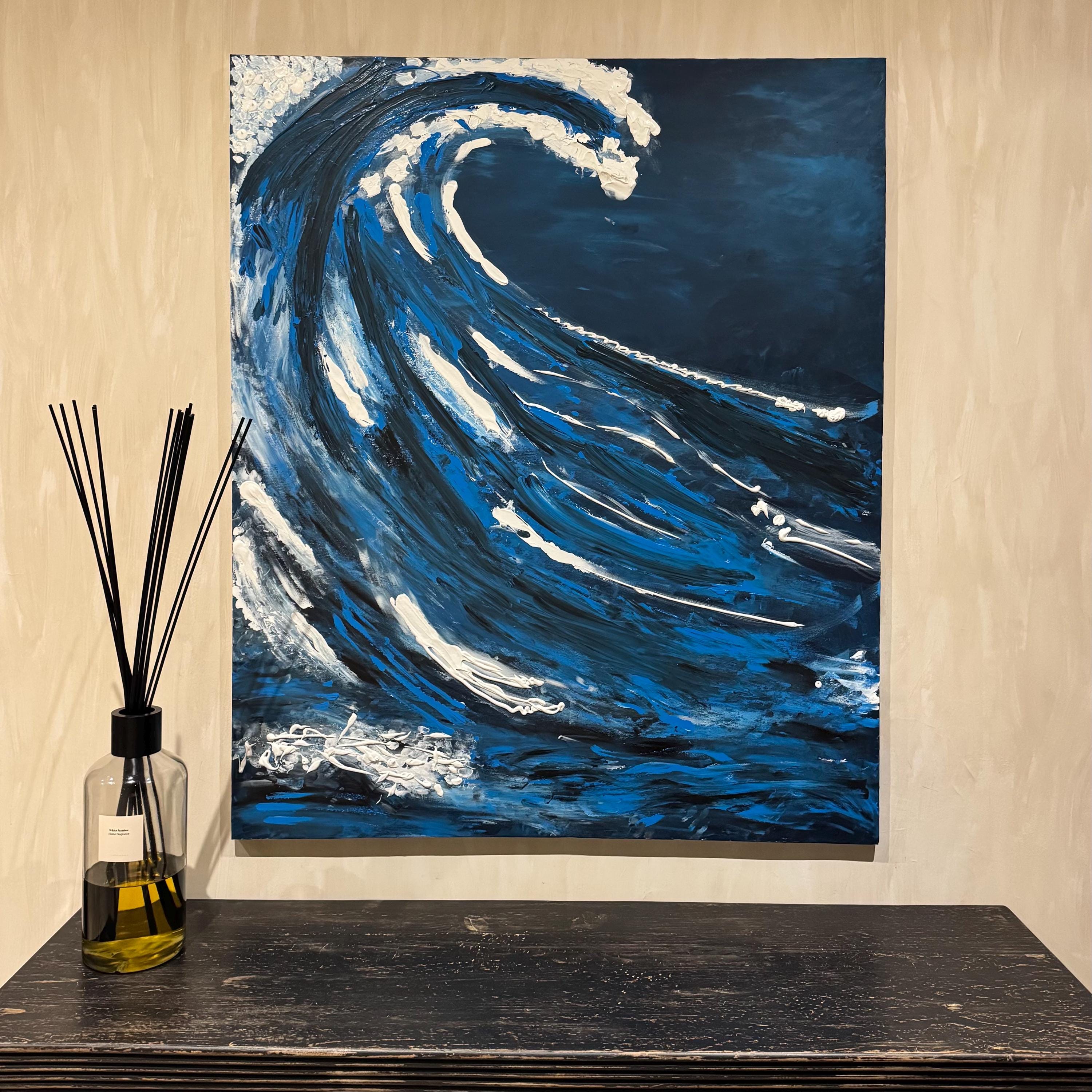 100 x 120 cm ハンドメイドアクリル画 - 波の抽象的なテクスチャ - 青