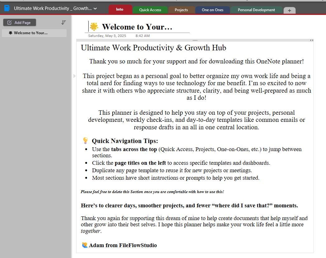 Ultimate Work Productivity and Growth Planner - OneNote Dashboard for Projects, Meetings, Templates and Personal Development