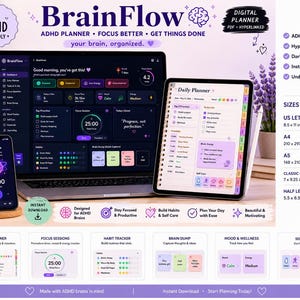 May include: A digital planner titled BrainFlow displayed on a laptop, tablet, and smartphone. The interface features dark and light modes, task lists, habit trackers, and focus timers. Text includes ADHD Friendly, Focus Better, and Get Things Done.