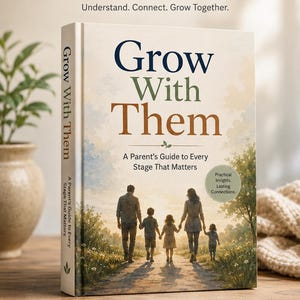 Könnte beinhalten: Ein gebundenes Buch mit dem Titel Grow With Them: A Parent's Guide to Every Stage That Matters. Das Cover zeigt eine Illustration einer Familie, die bei Sonnenuntergang auf einem Weg geht. Der Text umfasst A Guide for Every Stage. A Lifelong Impact. Understand. Connect. Grow Together. sowie Practical Insights. Lasting Connections.