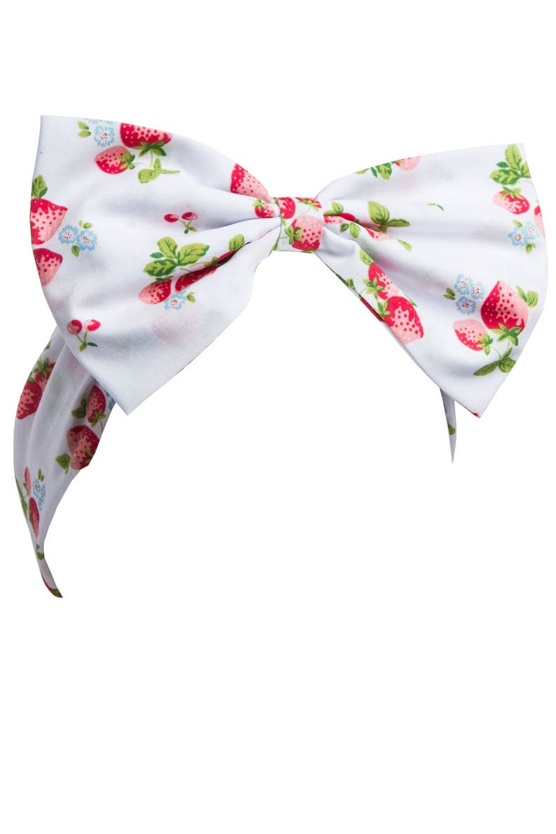 White with red Strawberry print hair bow headband Rockabilly Pin up