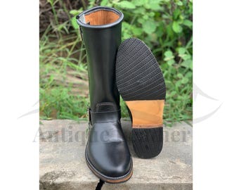 Handmade Black Leather Engineer Boots: Men's Motorcycle Biker Boots