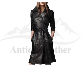 Gabardina de piel de oveja negra hecha a mano: abrigo largo con cinturón para mujer