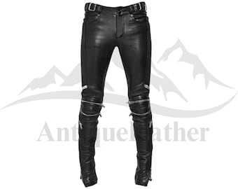 Herren Schwarz Leder Bikerhose: Electric Zipper Motorradhose