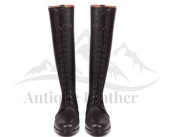 Handmade Tall Black Leather Lace-Up Boots: Riding, Gothic, Cosplay