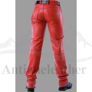 Red Leather Pants Men&#39;s, Leather Pants Men, Genuine Leather Jeans Pants, Slim Fit Leather Pants, Biker Leather Pants, Cowhide Leather Pant