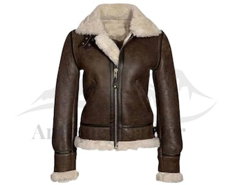 Distressed Lambskin Shearling Leather Jacket - Brown Sheepskin Aviator Bomber