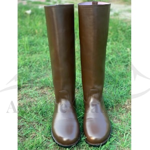 Handmade German Officer Leather Long Boot, Round Toe With Leather Sole, Brown Color Boot, Military Boot, Men Boot, Long Boot, Officer Boot