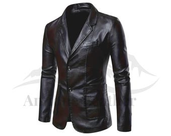 Blazer en cuir pour homme, Veste en cuir véritable faite main, Blazer boutonné élégant avec col à revers, Blazer pour homme en cuir d&#39;agneau véritable