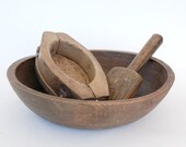 Wood butter mold, bowl and paddle to churn the butter, Farmhouse antiques tools.