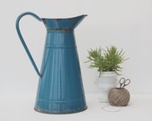 Blue enamel water pitcher jug, Farmhouse kitchen, bathroom and garden decoration.